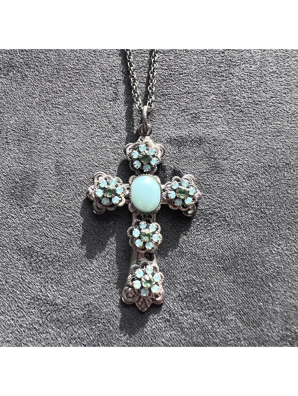 Liz Palacios SF Cross Pendant Necklace with Blue Teal Stones Antiqued Silver 18”